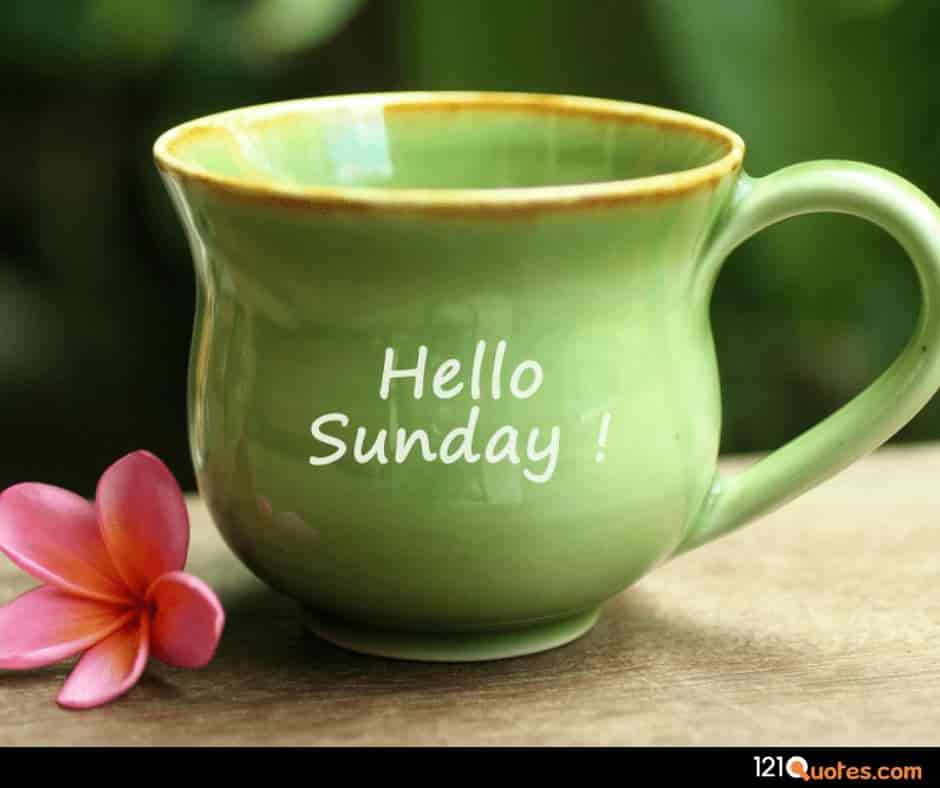 hello sunday images with greeen cup of tea and pink flower